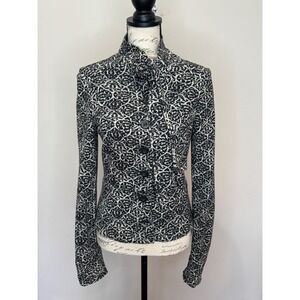 Diane Von Furstenberg black cream knit blazer jacket tie neck sz 10 wool blend